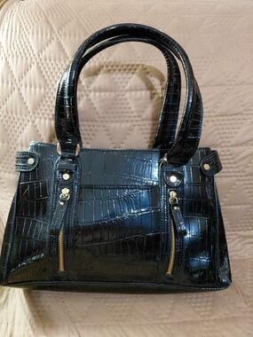 Liz Claiborne Black Croc-Embossed Patent Satchel with Gold Accents
